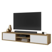 Meuble TV 180cm, 2 portes et 2 niches collection MAANUM. Couleur chêne clair et blanc.