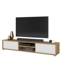 Meuble TV 180cm, 2 portes et 2 niches collection MAANUM. Couleur chêne clair et blanc.