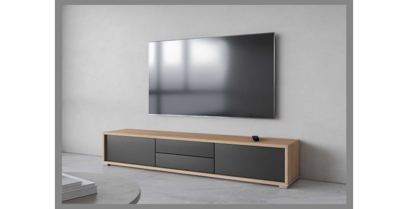 Meuble TV 180cm, 2 tiroirs et 2 portes collection MAANUM. Couleur chêne clair et gris.