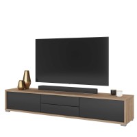 Meuble TV 180cm, 2 tiroirs et 2 portes collection MAANUM. Couleur chêne clair et gris.