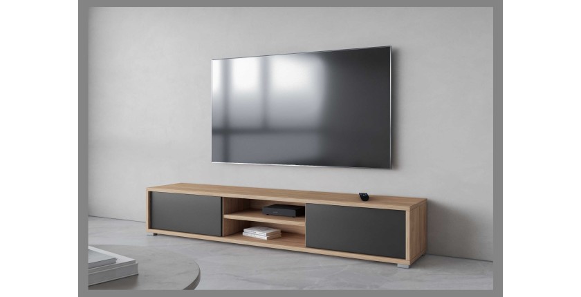 Meuble TV 180cm, 2 portes et 2 niches collection MAANUM. Couleur chêne clair et gris.