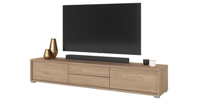 Meuble TV 180cm, 2 tiroirs et 2 portes collection MAANUM. Couleur chêne clair.