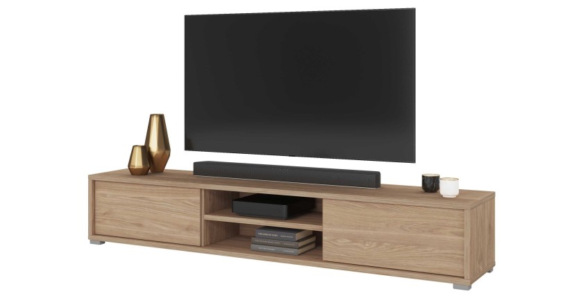 Meuble TV 180cm, 2 portes et 2 niches collection MAANUM. Couleur chêne clair.