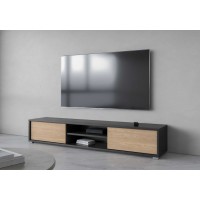 Meuble TV 180cm, 2 portes et 2 niches collection MAANUM. Couleur gris et chêne clair.