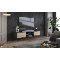 Meuble TV 180cm, 2 portes et 2 niches collection MAANUM. Couleur gris et chêne clair.