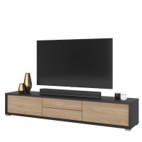 Meuble TV 180cm, 2 tiroirs et 2 portes collection MAANUM. Couleur gris et chêne clair.