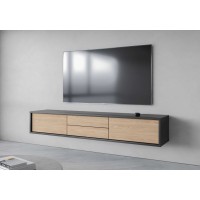 Meuble TV 180cm, 2 tiroirs et 2 portes collection MAANUM. Couleur gris et chêne clair.