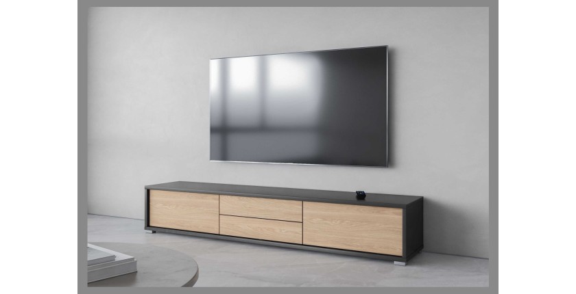 Meuble TV 180cm, 2 tiroirs et 2 portes collection MAANUM. Couleur gris et chêne clair.