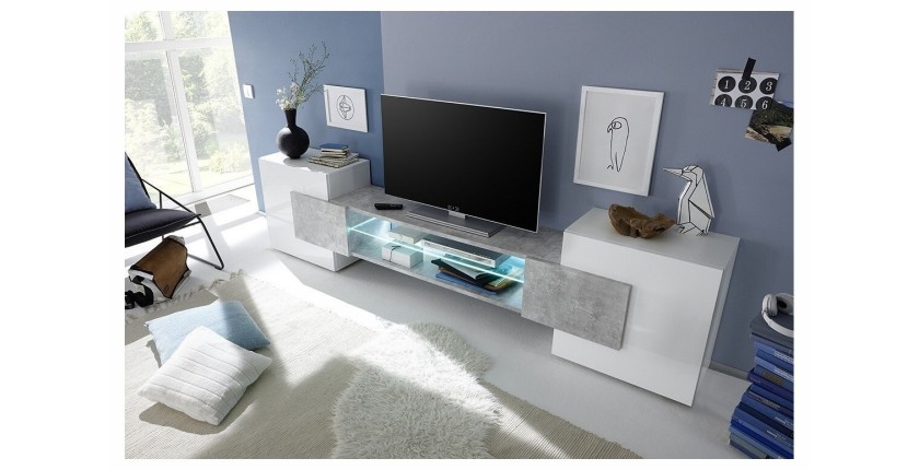 Meuble TV XL 260cm collection INCANTO. Coloris blanc laqué et gris effet béton.