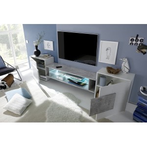 Meuble TV XL 260cm collection INCANTO. Coloris blanc laqué et gris effet béton.