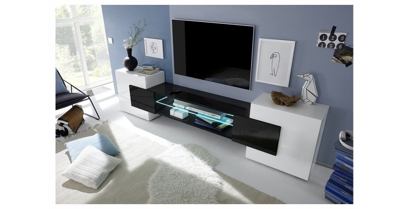 Meuble TV XL 260cm collection INCANTO. Coloris blanc et noir laqué.