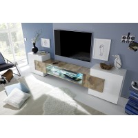 Meuble TV XL 260cm collection INCANTO. Coloris blanc laqué et chêne clair.