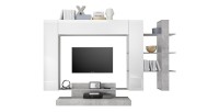 Ensemble de meubles de salon design avec nombreux rangements collection KALO. Coloris blanc laqué et gris effet béton