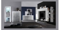 Ensemble de meubles de salon design avec nombreux rangements collection KALO. Coloris blanc laqué et gris effet béton