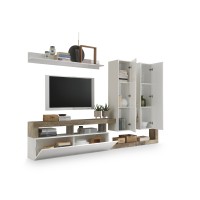 Ensemble de meubles de salon design avec nombreux rangements collection BURA. Coloris blanc laqué et bois clair