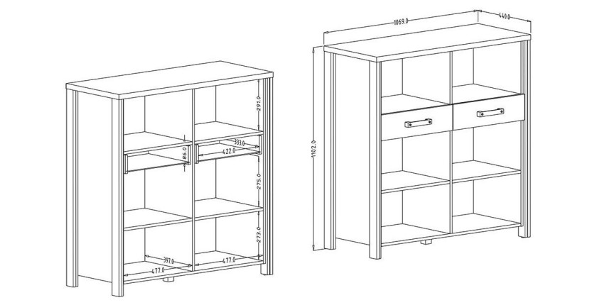 Buffet ouvert 110cm collection WINDSOR. Coloris chêne foncé et gris anthracite.