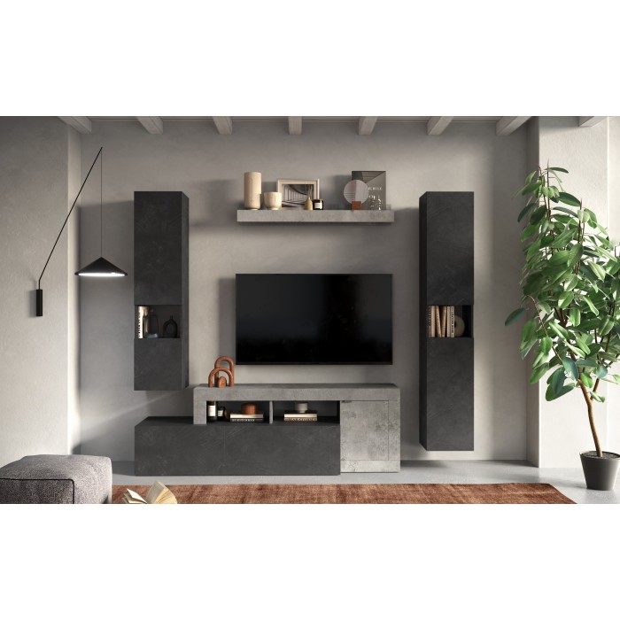 Ensemble de meubles de salon collection FREDO avec tiroir et 3 portes. Coloris gris effet béton et plomb