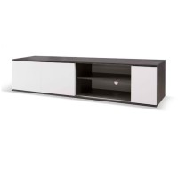 Meuble TV 160cm avec portes coulissantes collection BELFORT coloris noir effet bois et blanc.