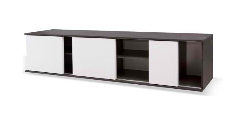 Meuble TV 160cm avec portes coulissantes collection BELFORT coloris noir effet bois et blanc.