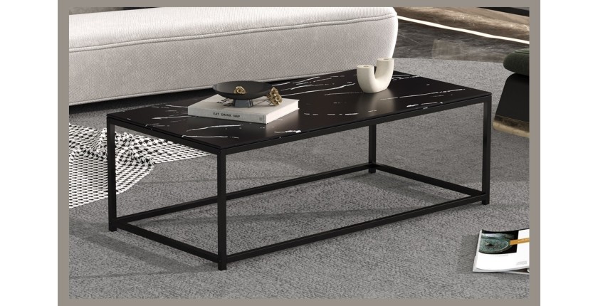 Table basse TRAMPSTA en verre effet marbre noir, idéal pour un salon unique