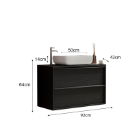 Meuble de salle de bain suspendu avec évier et 2 tiroirs, longueur 92cm, collection FRASSI. Coloris noir cendré
