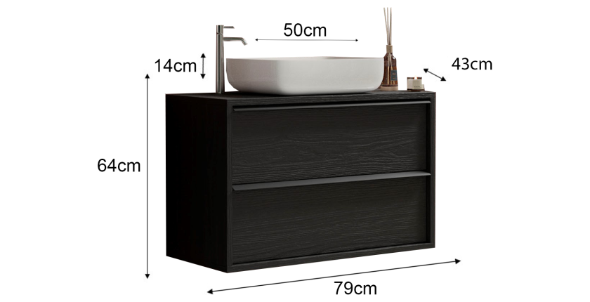 Meuble de salle de bain suspendu avec évier et 2 tiroirs, longueur 79cm, collection FRASSI. Coloris noir cendré