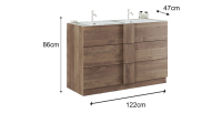 Meuble de salle de bain avec deux vasques et 3 tiroirs, collection FRASSI. Coloris chêne clair
