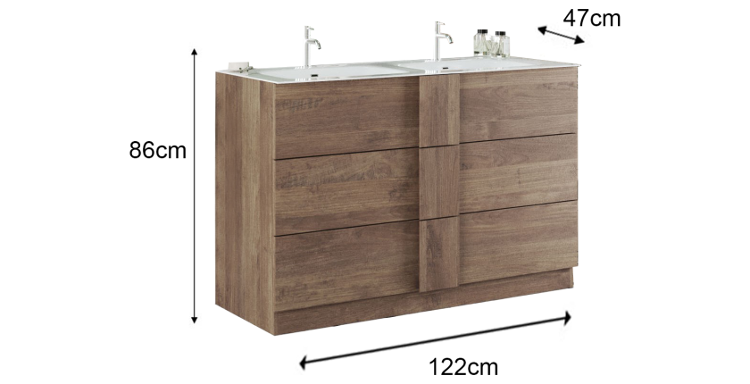Meuble de salle de bain avec deux vasques et 3 tiroirs, collection FRASSI. Coloris chêne clair