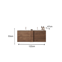 Meuble de salle de bain suspendu avec deux vasques et 2 tiroirs, collection FRASSI. Coloris chêne clair