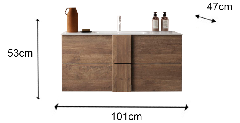 Meuble de salle de bain suspendu avec deux vasques et 2 tiroirs, longueur 101cm, collection FRASSI. Coloris chêne clair