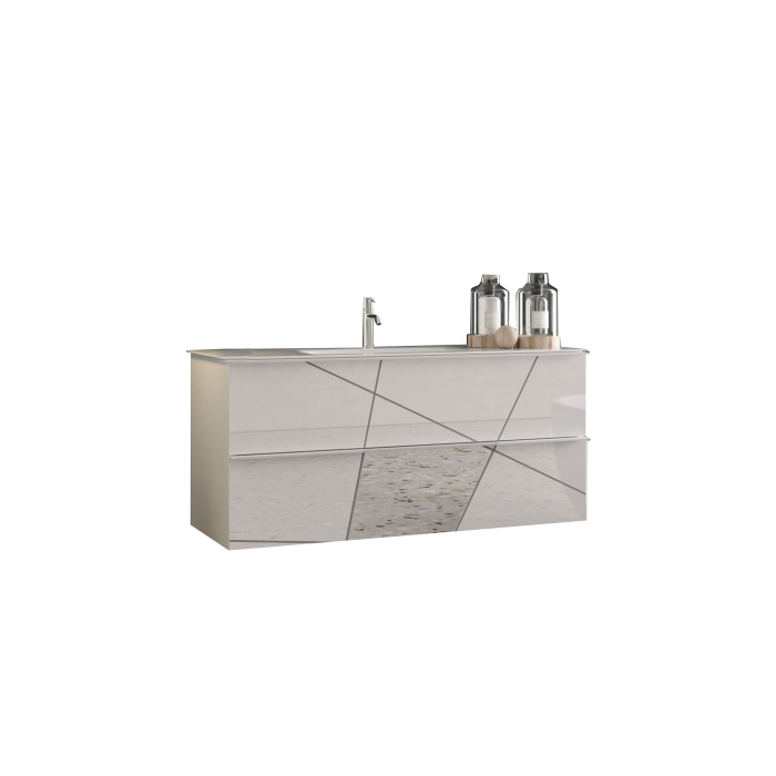 Meuble de salle de bain suspendu avec 1 vasque et 2 tiroirs, collection VITARIO. Coloris blanc brillant