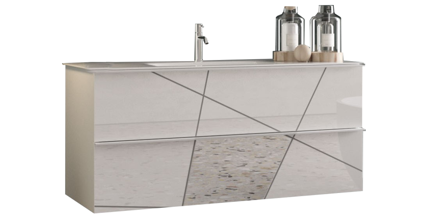 Meuble de salle de bain suspendu avec 1 vasque et 2 tiroirs, longueur 82cm, collection VITARIO. Coloris blanc brillant