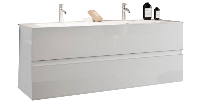 Meuble de salle de bain suspendu avec deux vasques et 2 tiroirs, collection VIENNE. Coloris blanc brillant