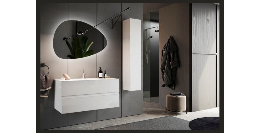 Meuble de salle de bain suspendu avec 1 vasque et 2 tiroirs, collection VIENNE. Coloris blanc brillant