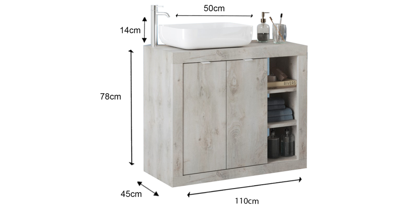 Meuble de salle de bain une vasque et 2 portes, collection CISA, coloris blanc effet bois