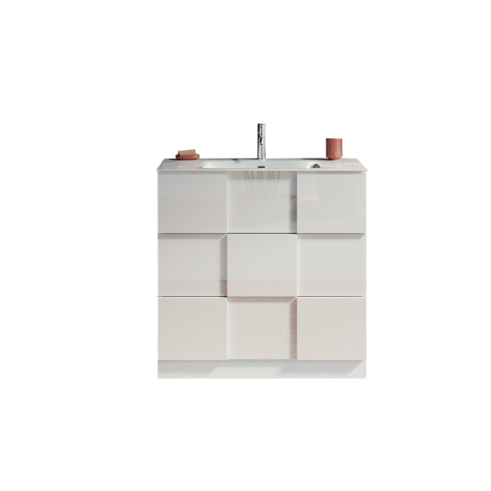 Meuble de salle de bain avec une vasque et 3 tiroirs, longueur 82cm, collection KUBRICK. Coloris blanc brillant