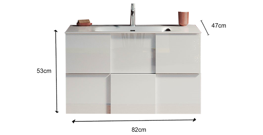 Meuble de salle de bain suspendu avec 1 vasque et 2 tiroirs, longueur 82cm, collection KUBRICK. Coloris blanc brillant