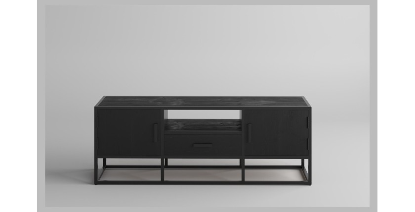 Meuble TV collection MADEIRO Structure métal et bois exotique de Mangolia noir. Idéal pour un salon de style industriel. L140cm