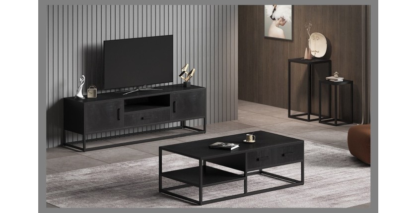 Meuble TV collection MADEIRO Structure métal et bois exotique de Mangolia noir. Idéal pour un salon de style industriel. L160cm