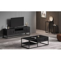 Meuble TV collection MADEIRO Structure métal et bois exotique de Mangolia noir. Idéal pour un salon de style industriel. L160cm