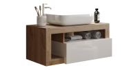Meuble de salle de bain suspendu avec vasque et tiroir, longueur 92cm, collection BURA. Coloris blanc brillant et chêne clair