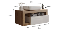 Meuble de salle de bain suspendu avec vasque et tiroir, longueur 92cm, collection BURA. Coloris blanc brillant et chêne clair
