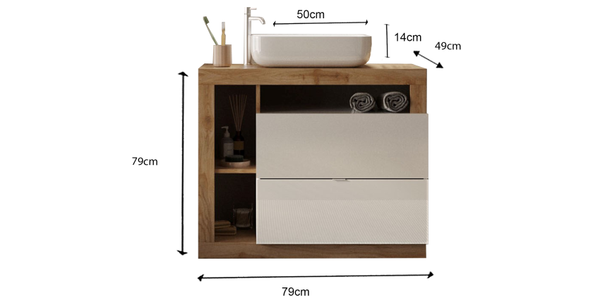 Meuble de salle de bain avec une vasque et 2 tiroirs, longueur 79cm, collection BURA. Coloris blanc brillant et chêne clair