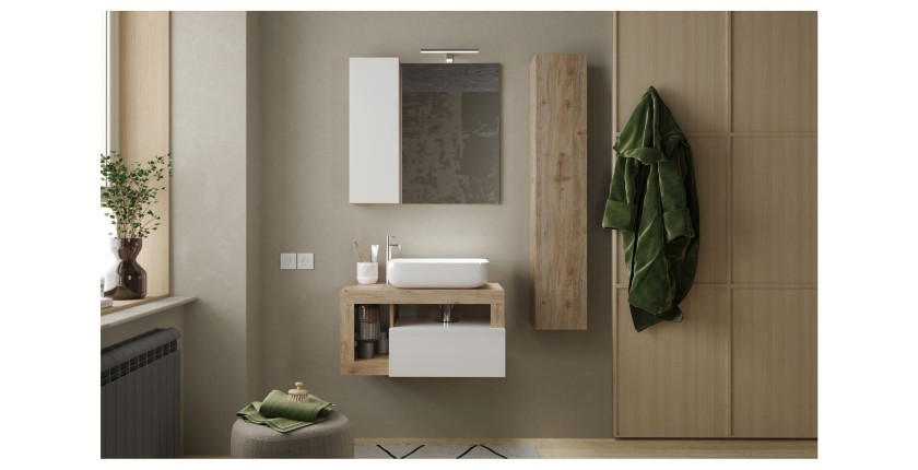 Meuble de salle de bain suspendu avec vasque et tiroir, longueur 79cm, collection BURA, coloris blanc brillant et chêne clair