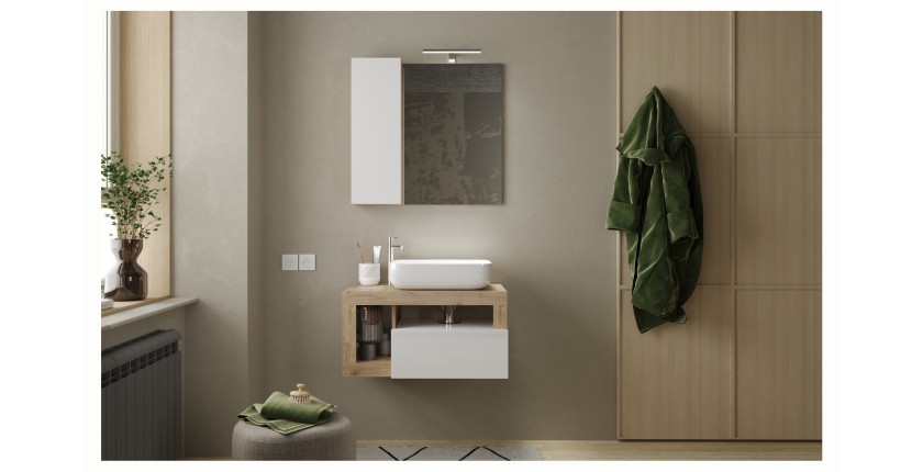 Meuble de salle de bain suspendu avec vasque et tiroir, longueur 79cm, collection BURA, coloris blanc brillant et chêne clair