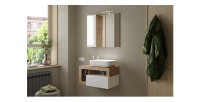 Meuble de salle de bain suspendu avec vasque et tiroir, longueur 79cm, collection BURA, coloris blanc brillant et chêne clair