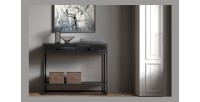 Console de salon avec tiroir style industriel en bois massif exotique de Mangolia noir et structure métal. Collection MADEIRO