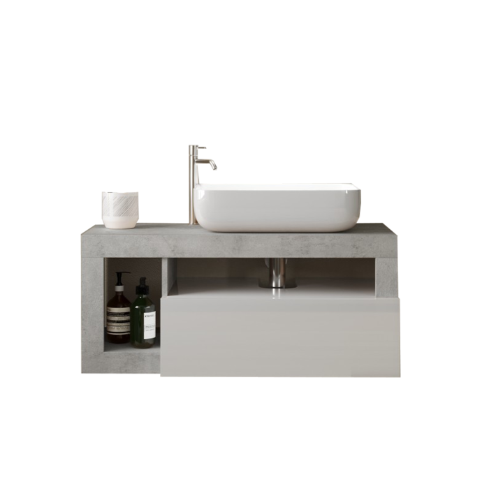 Meuble de salle de bain suspendu avec une vasque et 1 tiroir, longueur 92cm, collection BURA. Coloris blanc brillant et béton