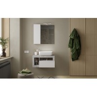 Meuble de salle de bain suspendu avec vasque et 1 tiroir, longueur 79cm, collection BURA, coloris blanc brillant et béton