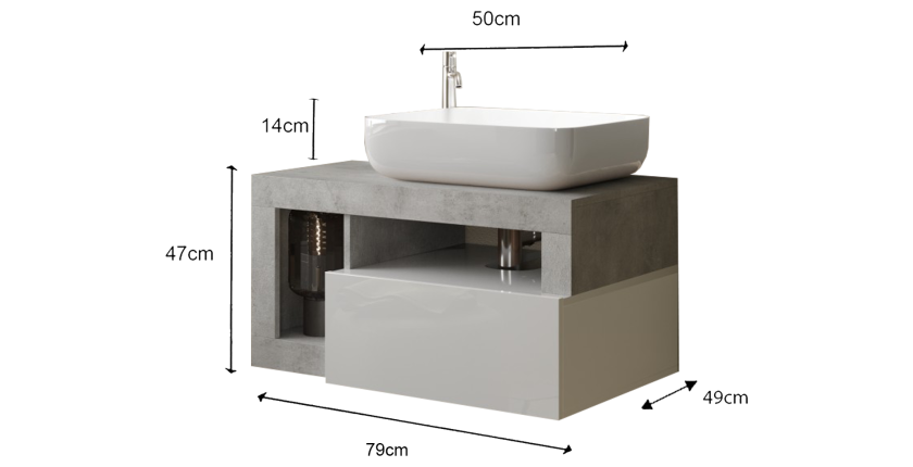 Meuble de salle de bain suspendu avec vasque et 1 tiroir, longueur 79cm, collection BURA, coloris blanc brillant et béton